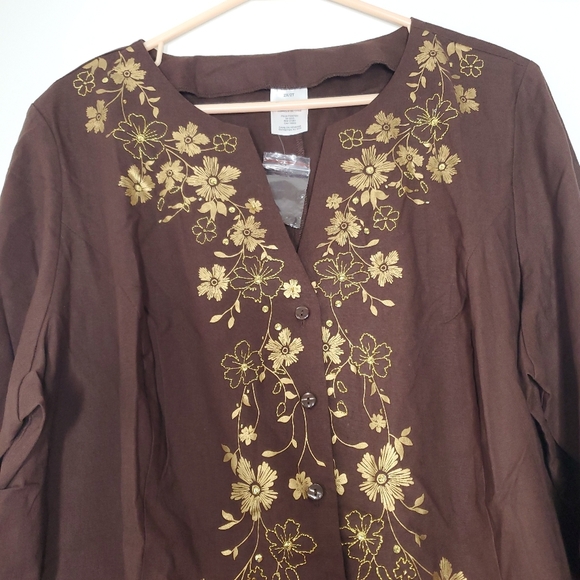 Womens Linen Cotton Top Shirt Size 2X Brown Floral Boho Chic Lagenlook Fall - Picture 2 of 9